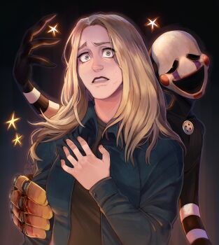 black_shirt blonde_hair blue_jacket blush_stickers commentary english_commentary five_nights_at_freddy's five_nights_at_freddy's_2_(2025_movie) hand_on_own_chest highres jacket long_hair mask rorokonaa shirt spring_bonnie_(fnaf) star_(symbol) the_puppet_(fnaf) vanessa_(fnaf)