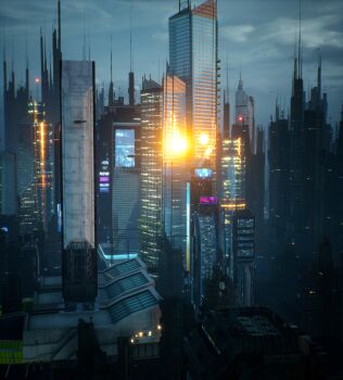 3d absurdres building city cityscape commentary_request highres motoshi_(nzxg7878) no_humans original outdoors overcast reflection scenery science_fiction sky skyline skyscraper sunlight sunset