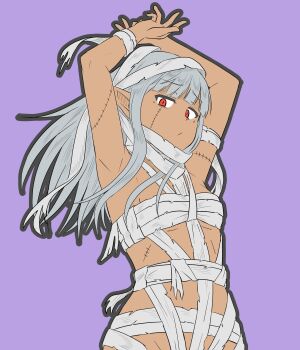 Rule 34 | 1girl, arms up, bandaged arm, bandaged chest, bandaged hand, bandaged neck, bandaged torso, bandages, breasts, closed mouth, dark-skinned female, dark elf, dark skin, elf, grey hair, halloween, halloween costume, highres, hot limit, karla (kono healer mendokusai), kono healer mendokusai, looking at viewer, mummy costume, official art, pointy ears, purple background, red eyes, simple background, slit pupils, small breasts, solo, stitched arm, stitched face, stitched torso, stitches, t.m.revolution, tannen ni hakkou, upper body