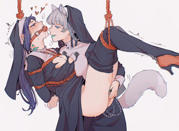 2girls animal_ears aqua_lips aqua_nails arms_behind_back ball_gag bdsm bite_mark bite_mark_on_neck bite_mark_on_thigh black_dress black_pantyhose black_veil blush bondage bound bound_arms bound_torso braid breasts chain character_request clothes_pull commentary_request crying crying_with_eyes_open dogbrooo dress drooling femdom fingering fingernails gag grey_hair grey_tail guimpe hairband hand_on_another's_neck high_heels highres kakegurui kemonomimi_mode large_breasts lipstick long_fingernails long_hair loving_aura makeup momobami_kirari multiple_girls nipples no_bra no_panties nun open_mouth pantyhose pantyhose_pull purple_hair pussy pussy_juice red_shoes saliva shibari shibari_over_clothes shoes simple_background standing straight_hair streaming_tears suspension tears torn_clothes torn_dress veil white_background white_hairband yuri