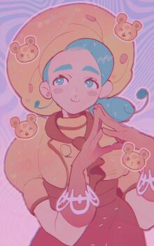 Rule 34 | 1girl, apron, aqua eyes, aqua hair, blush, brown apron, brown gloves, chef hat, commentary, gen 2 pokemon, gloves, hat, highres, katy (pokemon), looking to the side, nintendo, own hands together, pokemon, pokemon sv, smile, symbol-only commentary, teddiursa, thick eyebrows, thxzmgn