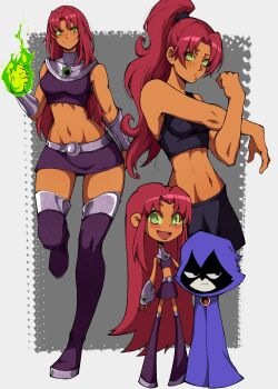 2girls absurdres alternate_costume alternate_hairstyle bare_shoulders blush cape chibi colored_sclera cropped_legs dc_comics detached_sleeves full_body green_eyes green_sclera grey_background highres hood kekel long_hair multiple_girls navel ponytail raven_(dc) red_hair sportswear starfire y2k_fashion