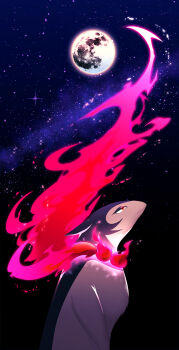 1other absurdres commentary full_moon furry highres hisuian_typhlosion looking_up moon nintendo pokemon pokemon_(creature) pokemon_focus rebanira_(aqsiz) red_eyes red_fire star_(sky) starry_sky_background untranslatable_commentary upper_body