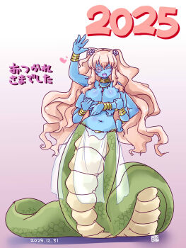 1girl 2025 alternate_breast_size_(larger) alternate_costume alternate_skin_color arm_up blonde_hair blue_skin breasts closed_eyes colored_skin commentary_request dated extra_arms flower flower_over_eye full_body gradient_background hair_flower hair_ornament highres itini-sanshi kirakishou lamia large_breasts long_hair monster_girl monsterification navel nude open_mouth pelvic_curtain purple_background rose rozen_maiden sidelocks smile solo translation_request two_side_up very_long_hair wavy_hair white_background white_flower white_rose