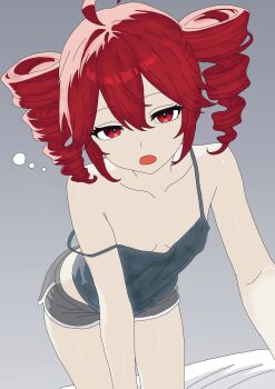 1girl absurdres ahoge all_fours collarbone commentary drill_hair english_commentary flat_chest grey_shirt grey_shorts hair_between_eyes highres kasane_teto kasane_teto_(utau) long_sleeves looking_at_viewer midriff on_bed open_mouth red_eyes red_hair shirt short_shorts shorts sleepy squeans totalmajorweeb twin_drills utau