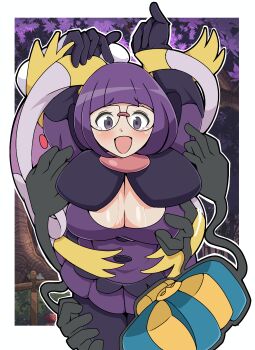 1girl 2others absurdres arms_up balloon blunt_bangs blush bob_cut bow breasts cleavage cofagrigus coffin drifblim elbow_gloves extra_arms gen_4_pokemon gen_5_pokemon ghost glasses gloves grabbing_another's_arm grabbing_another's_breast grabbing_another's_thighs groping highres large_bow low-cut multiple_others mummy ninja_sasuke nintendo open_mouth pantyhose pokemon pokemon_(creature) pokemon_bw purple_eyes purple_hair purple_skirt raised_eyebrows round_eyewear shauntal_(pokemon) short_hair skirt smile sweat tickling tickling_armpits