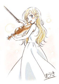 Rule 34 | 1girl, :d, bare arms, blonde hair, blue eyes, blush, bow (music), commentary request, dress, feet out of frame, from side, hair ornament, hairclip, head rest, highres, holding, holding bow (music), holding instrument, holding violin, instrument, long dress, long hair, looking at viewer, miyazono kawori, music, open mouth, playing instrument, shigatsu wa kimi no uso, sleeveless, sleeveless dress, smile, solo, sundress, translation request, violin, waasa, white background, white dress