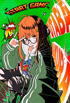 1girl :p absurdres ahoge behind-the-head_headphones black-framed_eyewear black_pants blunt_bangs character_name commentary_request drawstring english_text fox_shadow_puppet glasses green_background green_jacket headphones highres hood hooded_jacket jacket jewelry long_hair looking_at_viewer may_(may_lee8) nail_polish orange_hair pants persona persona_5 purple_eyes ring sakura_futaba selfie solo tongue tongue_out torn_clothes torn_pants very_long_hair