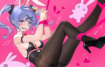 1girl animal_ears black_leotard black_ribbon blue_eyes blue_hair blue_nails blush bound bound_wrists bow bowtie breasts colored_inner_hair commentary detached_collar english_commentary fingernails foot_out_of_frame grey_pantyhose hair_between_eyes hair_ornament hair_ribbon hairband hatsune_miku high_heels highres leotard long_hair looking_at_viewer medium_breasts multicolored_hair nail_polish pantyhose pink_bow pink_bowtie pink_hair pink_pupils pink_ribbon playboy_bunny rabbit_ears rabbit_hole_(vocaloid) rabbit_tail red_plate_(kyuu45) ribbon single_handcuff smile solo tail teeth thigh_strap thighs very_long_hair vocaloid white_hairband wrist_ribbon x_hair_ornament