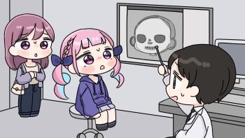 1boy 2girls :o bag black_hair black_necktie black_pants black_socks blue_hair blue_ribbon blush_stickers braid brown_eyes brown_hair brown_shirt chibi collared_shirt computer_keyboard doctor drawstring grey_jacket grey_skirt hair_ribbon handbag highres holding hololive hood hood_down hoodie indoors jacket lab_coat long_hair long_sleeves minato_aqua mochimiko monitor mother_and_daughter multicolored_hair multiple_girls necktie open_mouth pants parted_lips pink_hair pleated_skirt pointer puffy_long_sleeves puffy_sleeves purple_eyes purple_hoodie ribbon shirt shoulder_bag sitting skirt skull small_sweatdrop socks standing stool sweat twintails two-tone_hair very_long_hair virtual_youtuber white_shirt x-ray