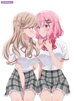 2girls amaori_renako ashigaya_high_school_uniform blush bow bowtie breasts brown_eyes brown_hair commentary eye_contact grey_skirt highres kaneko_misaki large_breasts long_hair looking_at_another medium_hair multiple_girls pink_hair pinky_swear plaid_clothes plaid_skirt pleated_skirt purple_eyes red_bow red_bowtie school_uniform sena_ajisai shirt simple_background sitting skirt smile twitter_username watashi_ga_koibito_ni_nareru_wake_naijan_murimuri! white_background white_shirt yuri