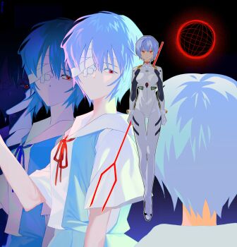 Rule 34 | absurdres, ayanami rei, bandages, bodysuit, breasts, highres, mecha pilot suit, neon genesis evangelion, plugsuit (evangelion), red eyes, red ribbon, ribbon, school uniform, shinjiisdead, shirt, tokyo-3 middle school uniform, white bodysuit, white shirt