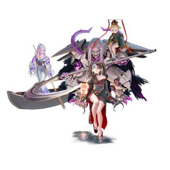1other 3girls absurdres armor bare_legs bell black_cape black_kimono blonde_hair blue_eyes blunt_bangs breasts brown_hair cape chinese_clothes chouchin-obake closed_mouth cloud_print collarbone colored_eyelashes cone_hair_bun covered_face double_bun drill_hair drill_sidelocks ellie_quickhand eternity_(last_origin) floral_print flower full_body futou game_asset gold_trim green_robe hair_bun hair_flower hair_ornament hanfu highres holding holding_lantern holding_oar holding_scythe holding_stick horns huge_breasts impossible_clothes japanese_armor japanese_clothes jewelry jingle_bell kimono kimono_partially_removed lantern last_origin light_smile lily_bloomerchen long_hair long_tongue looking_at_viewer looking_down mask medium_breasts monster multicolored_hair multiple_girls nail_polish neck_bell necklace no_panties non-web_source oar obi obijime official_alternate_costume official_art okobo one_eye_covered oni oni_mask paper_lantern parted_lips pearl_necklace pelvic_curtain platform_sandals ponytail purple_claws purple_eyes purple_hair purple_horns red_eyes red_flower red_nails robe sandals sash scythe sharp_teeth short_hair sidelocks simple_background sitting soaking_feet solo soulworker spider_lily spiked_armor spikes standing stick streaked_hair tachi-e taesi teeth thick_thighs thighs toenail_polish toenails tongue torn_cape torn_clothes transparent_background twintails two-tone_hair water white_armor white_eyelashes white_hair white_kimono wide_sleeves xiangyun