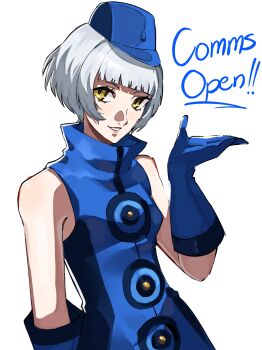 1girl absurdres bare_shoulders blue_dress blue_gloves blue_hat bob_cut commentary dress elizabeth_(persona) english_commentary english_text frosty_neo1 gloves grey_hair grin hat highres looking_at_viewer persona persona_3 short_hair simple_background sleeveless sleeveless_dress smile solo white_background yellow_eyes