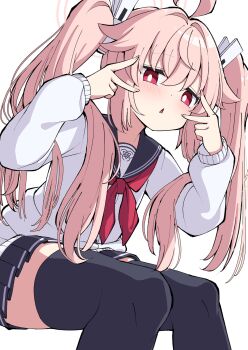 1girl absurdres ahoge alternate_hairstyle ascot black_thighhighs blue_archive blush bright_pupils double_v hair_ornament hairclip halo highres long_hair natsu_(blue_archive) open_mouth pink_hair red_eyes sailor_collar school_uniform shirt sitting skirt solo sweater thick_thighs thighhighs thighs triangle_mouth tsukimirin twintails v v_over_eye white_background white_pupils white_shirt white_sweater zettai_ryouiki
