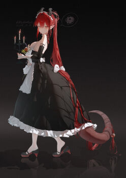Rule 34 | 1girl, absurdres, apron, bare shoulders, black dress, black ribbon, candlestand, chinese commentary, commentary request, da dun dozedove, dated, detached sleeves, dragon girl, dragon horns, dragon tail, dress, earrings, frilled dress, frills, hair ribbon, high heels, highres, holding candlestand, horns, jewelry, long hair, looking at viewer, maid, maid apron, maid headdress, original, ponytail, red eyes, red hair, ribbon, speech bubble, spoken squiggle, squiggle, tail