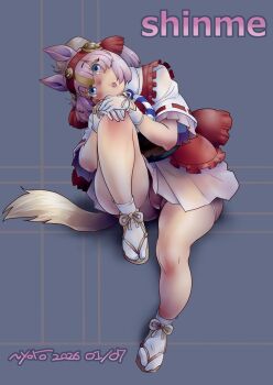 Rule 34 | 1girl, animal ears, arm rest, artist name, bare legs, bike shorts, bike shorts under skirt, blonde hair, blue eyes, blush, bow, character name, commentary request, extra ears, frilled sleeves, frills, full body, gloves, grey hair, hair between eyes, hair bun, head tilt, headband, horizontal pupils, horse ears, horse girl, horse tail, japanese clothes, kemono friends, knee up, leaning to the side, looking at viewer, medium hair, multicolored hair, nyororiso (muyaa), official alternate costume, open mouth, pink hair, sandals, shinme (kemono friends), shirt, short hair, short sleeves, shorts, sitting, skirt, socks, solo, tabi, tail, thick thighs, thighs, two-tone hair, white gloves, white hair, white shirt, white socks, zouri