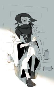 1boy aqua_eyes bags_under_eyes beer_can black_scarf black_shoes can commentary covered_mouth drink_can grimsley_(pokemon) hair_over_one_eye japanese_clothes kimono long_sleeves looking_to_the_side male_focus multicolored_hair nintendo one_eye_covered pokemon pokemon_sm raine_(acke2445) scarf shoes sitting solo symbol-only_commentary two-tone_hair white_kimono wide_sleeves