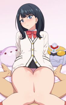1boy 1girl animated animated_gif bed black_skirt blouse blue_eyes blush cardigan censored clothed_male_nude_male collared_shirt expressionless eyebrows_hidden_by_hair feet gridman_universe hetero microskirt mosaic_censoring mushiro_(nijie728995) nude panties pantyshot penis pink_panties ribbon school_uniform shirt sitting skirt socks solo_focus ssss.gridman takarada_rikka thigh_sex thighs underwear white_shirt wide_hips