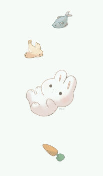 animal animal_focus artist_name ayu_(mog) bird carrot closed_mouth commentary commentary_request dot_mouth english_commentary fish highres mixed-language_commentary no_humans original rabbit romaji_commentary simple_background solid_circle_eyes white_background