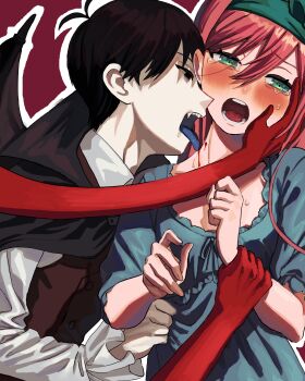 1boy 1girl aegyo_sal alternate_costume antenna_hair aubrey_(faraway)_(omori) aubrey_(omori) black_capelet black_eyes black_hair black_wings blood blood_from_neck blue_dress blue_tongue blush breasts brown_vest buttons capelet collared_shirt colored_tongue commentary_request crying crying_with_eyes_open dress empty_eyes extra_arms fang fingernails frilled_sleeves frills green_eyes green_hairband hair_behind_ear hair_between_eyes hairband hand_on_another&#039;s_arm hand_on_another&#039;s_cheek hand_on_another&#039;s_face hand_on_another&#039;s_waist hetero highres licking licking_another&#039;s_neck long_hair long_sleeves looking_to_the_side no_pupils omori open_mouth pale_skin pink_hair profile red_background ribbon-trimmed_dress ribbon_trim saliva scared shirt short_hair short_sleeves shousan_(hno3syo) simple_background small_breasts sunny_(omori) sweat tears teeth tongue tongue_out upper_body upper_teeth_only vampire vest white_shirt wings