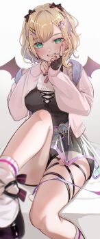 1girl absurdres black_bow black_romper black_shoes blonde_hair blurry blurry_foreground bow breasts criss-cross_strings demon_wings dress ear_piercing earrings feet_out_of_frame fingerless_gloves foreshortening frilled_dress frilled_sleeves frills gloves green_eyes hair_bow hair_ornament hairclip hand_to_own_mouth heart-shaped_ornament highres hood hood_down jacket jewelry karya kurumi_noah long_sleeves looking_at_viewer medium_breasts neck_ribbon o-ring o-ring_thigh_strap piercing pink_jacket pink_ribbon ribbon romper see-through_clothes see-through_skirt shoes simple_background single_fingerless_glove sitting skirt sleeves_past_wrists smile socks solo straight-on thigh_strap twirling_hair virtual_youtuber vspo! white_background white_socks wings x_hair_ornament