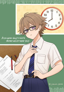 Rule 34 | 1boy, absurdres, adjusting clothes, adjusting necktie, alternate costume, belt, black-framed eyewear, blue eyes, blue necktie, blue pants, breast pocket, brown belt, brown hair, clock, closed mouth, collared shirt, commentary request, glasses, green background, highres, jouon monaka, looking at viewer, male focus, necktie, oliver fog, pants, paper, pen, pocket, reverse:1999, shirt, short hair, short sleeves, solo, twitter username, upper body, wall clock, white shirt