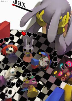 1other 2boys 4girls :d abstraction_(the_amazing_digital_circus) animal_ears chess_piece chessboard colored_skin comedy_and_tragedy_masks everyone frog_boy frog_girl gangle_(the_amazing_digital_circus) gloves grin gun hand_on_own_face handgun hat health_bar heart highres jax_(the_amazing_digital_circus) jester_cap kaufmo_(the_amazing_digital_circus) king_(chess) kinger_(the_amazing_digital_circus) lying mask multiple_boys multiple_girls on_back open_mouth overalls pink_overalls playing_chess pomni_(the_amazing_digital_circus) purple_skin queenie_(the_amazing_digital_circus) rabbit_boy rabbit_ears ragatha_(the_amazing_digital_circus) red_hair ribbit_(the_amazing_digital_circus) right_gla_s sharp_teeth smile teeth the_amazing_digital_circus weapon wings yellow_gloves zooble_(the_amazing_digital_circus)