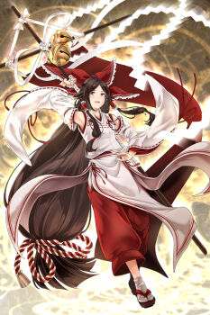 1girl absurdly_long_hair arkatopia banner bare_shoulders battle_standard bell bow brown_eyes brown_hair chihaya_(clothing) commentary_request detached_sleeves flag flip-flops foul_detective_satori frilled_bow frilled_hair_tubes frills full_body gensokyo's_first_hakurei_miko gohei hair_bow hair_flaps hair_tubes highres holding holding_banner holding_gohei huge_bow japanese_clothes jingle_bell kosode large_bow long_hair long_sleeves miko open_mouth pants red_bow red_pants red_ribbon red_rope ribbon ribbon-trimmed_sleeves ribbon_trim rope sandals shirt socks solo tabi tassel touhou very_long_hair war_banner war_flag white_ribbon white_rope white_shirt white_sleeves white_socks