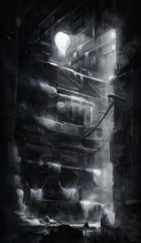 1girl absurdres artist_name atsuko_(blue_archive) blue_archive commentary dated english_commentary fisktaarta1011 frost highres hood hood_up hooded_jacket ice indoors industrial jacket ruins scenery signature solo trinity_general_school_logo very_wide_shot white_jacket wire