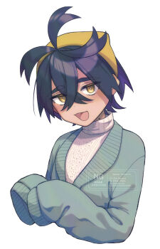 Rule 34 | 1boy, ahoge, black hair, cardigan, colored inner hair, commentary request, crossed bangs, dot nose, green cardigan, hair between eyes, hairband, hands up, highres, kieran (pokemon), looking at viewer, male focus, mole, mole on neck, multicolored hair, nintendo, open mouth, pokemon, pokemon sv, saba chimera, sleeves past fingers, sleeves past wrists, solo, sweater, turtleneck, turtleneck sweater, white background, white sweater, yellow eyes, yellow hairband