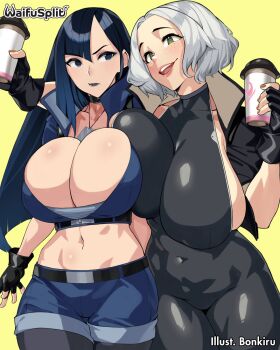 2girls artist_name belt blue_eyes blue_hair bodysuit bonkiru breast_press breasts coffee_mug cup disgust fingerless_gloves gigantic_breasts gloves green_eyes huge_breasts jewelry judy_(waifusplit) lips long_hair miss_hazard mug multiple_girls navel necklace open_mouth serious shorts smile waifusplit white_hair yellow_background
