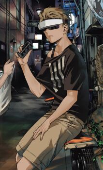 Rule 34 | 1boy, beige shorts, black shirt, blonde hair, city, closed mouth, dead mount death play, glasses, hand up, headphones, highres, kuruya takumi, long hair, looking at viewer, night, serious, shirt, sitting, sky, solo