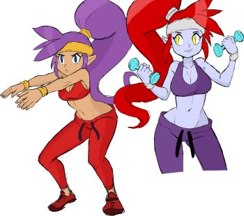 arms_outstretched blue_skin breasts cleavage cleft_of_venus colored_skin crop_top dark-skinned_female dark_skin dumbbell exercising highres large_breasts navel nega-shantae pants ponytail purple_eyes purple_hair red_hair shantae shantae_(series) squatting sweatband sweatpants teevo weightlifting weights workout_clothes yellow_eyes