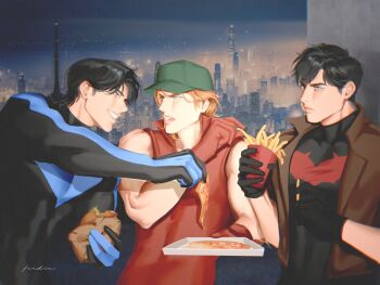 arsenal_(dc) baseball_cap bat_signal batman_(series) batman_symbol black_bodysuit black_gloves black_hair blue_eyes bodysuit brown_jacket dc_comics dick_grayson gloves grey_bodysuit hat highres ichinoseguki jacket jason_todd male_focus multicolored_bodysuit multiple_boys muscular muscular_male open_clothes orange_hair pants red_bodysuit red_hood_(dc) red_hood_and_the_outlaws roy_harper short_hair superhero_costume taut_bodysuit two-tone_bodysuit