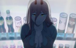 1boy 1girl animated blush breasts chainsaw_man cleavage closed_mouth collarbone commentary dark denji_(chainsaw_man) grabbing_another's_breast groping horns kizu large_breasts looking_at_viewer looping_animation open_clothes open_shirt pink_hair pov power_(chainsaw_man) sound upper_body vending_machine video yellow_eyes