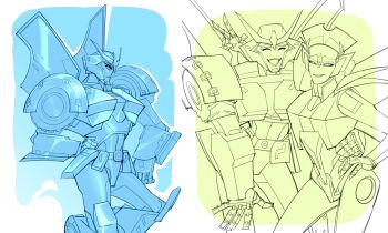 2girls airplane_wing hand_on_own_hip highres humanoid_robot mechanical_wings multiple_girls robot robot_girl science_fiction sir_garrowman strongarm_(transformers) transformers transformers:_robots_in_disguise_(2015) v-fin wheel windblade wings