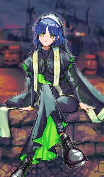 1girl black_boots black_pants black_robe blue_hair bocchi_the_rock! boots cassock closed_mouth crossed_legs gold_trim green_eyes green_robe habit highres looking_at_viewer multicolored_robe on_wall pants robe scripco short_hair sitting solo stole two-sided_fabric yamada_ryo
