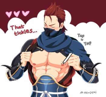 Rule 34 | 1boy, closed eyes, fire emblem, fire emblem fates, kaiki (osuppai), male focus, mask, mouth mask, muscular, muscular male, ninja, ninja mask, nintendo, nipples, pectorals, red hair, saizo (fire emblem), scar, scar on face
