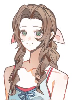 1girl aerith_gainsborough bare_shoulders braid braided_ponytail breasts brown_hair closed_mouth crisis_core:_final_fantasy_vii dress final_fantasy final_fantasy_vii green_eyes hair_ribbon highres long_hair looking_at_viewer parted_bangs pink_ribbon ribbon sidelocks single_braid small_breasts smile solo spaghetti_strap sundress upper_body white_dress wintercoming42