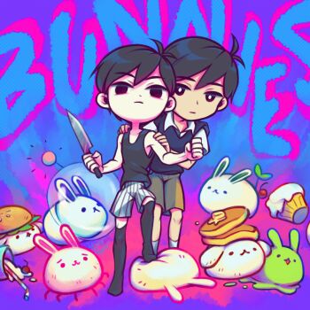 Rule 34 | 2boys, antenna hair, black eyes, black hair, black socks, black sweater vest, black tank top, bright pupils, brown shorts, bug bunny (omori), bun bunny (omori), closed mouth, collarbone, collared shirt, colored skin, cupcake, cupcake bunny (omori), dual persona, food, forest bunny (omori), hands on another's shoulders, highres, holding, holding knife, kneehighs, knife, laser-lance, looking at viewer, male focus, milkshake, milkshake bunny (omori), multiple boys, omori, omori (omori), pancake, pancake bunny (omori), shirt, short sleeves, shorts, slime (substance), slime bunny (omori), socks, space bunny (omori), sprout bunny (omori), striped clothes, striped shorts, sunny (omori), sweater vest, tank top, vertical-striped clothes, vertical-striped shorts, white pupils, white shirt, white shorts, white skin, white socks