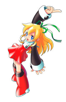 1girl arm_up black_sleeves blonde_hair blue_eyes boots dress full_body goto_p green_ribbon hair_ribbon index_finger_raised knee_boots long_sleeves looking_at_viewer mega_man_(classic) mega_man_(series) open_mouth ponytail red_boots red_dress ribbon roll_(mega_man) simple_background sleeve_cuffs sleeves_past_wrists smile solo standing white_background