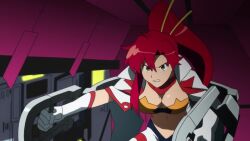 1girl animated anime_screenshot blush bouncing_breasts breasts cleavage hanging_breasts highres huge_breasts large_breasts ponytail red_hair revealing_clothes sound space_yoko surprised tagme tengen_toppa_gurren_lagann upside-down video yellow_eyes yoko_littner