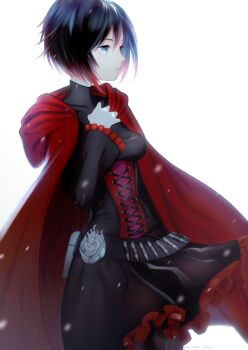 1girl absurdres ammunition_belt black_dress black_hair breasts bullet cape corset covered_collarbone cowboy_shot dress frilled_dress frilled_sleeves frills grey_pantyhose hair_between_eyes hand_on_own_chest hand_up highres hood hood_down hooded_cape long_sleeves medium_breasts pantyhose puchiman red_cape ruby_rose rwby short_hair simple_background snow snowing solo turtleneck white_background white_eyes