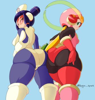 2girls ass ass-to-ass bodysuit highres huge_ass kappa_spark leotard meddy.exe_(mega_man) mega_man_(series) mega_man_battle_network multiple_girls roll.exe_(mega_man) thick_thighs thighhighs thighs