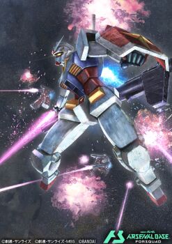 artificial_eye assault_visor battle bazooka_(gundam) beam_gun beam_rifle beam_weapon cannon charging_forward company_name copyright_name copyright_notice debris deraken destruction earth_federation energy_beam energy_gun energy_sword explosion fighting fighting_stance glowing glowing_eyes gun guncannon gundam gundam_arsenal_base holding holding_bazooka holding_beam_saber holding_gun holding_shield holding_sword holding_weapon humanoid_robot laser mechanical_arms mechanical_eye mechanical_hands mechanical_legs mobile_suit mobile_suit_gundam official_art robot rx-78-2_gundam shield sword thrusters v-fin vulcan weapon wreckage