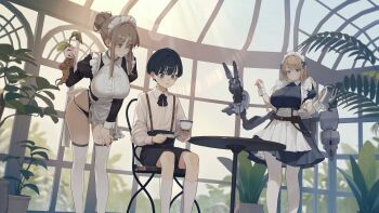 1boy 2girls apron black_dress black_hair black_panties black_shorts blonde_hair blue_eyes breasts brown_eyes brown_hair chair closed_mouth collared_shirt cup dress feet_out_of_frame hair_bun hand_on_own_thigh hand_up highres holding holding_cup holding_plate holding_teapot indoors jaejae large_breasts leaning_forward lens_flare long_sleeves looking_at_another maid maid_apron maid_headdress mandrake multiple_girls nervous nervous_sweating on_chair original panties plant plate potted_plant shirt shirt_tucked_in short_hair shorts single_hair_bun sitting slice_of_life string_panties suspender_shorts suspenders sweat table teacup teapot thighhighs underwear very_short_hair white_apron white_shirt white_thighhighs white_wrist_cuffs wing_collar wrist_cuffs