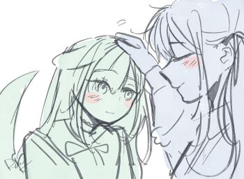 2girls animal_ears bang_dream! bang_dream!_it&#039;s_mygo!!!!! blush chinese_commentary closed_mouth commentary_request dog_ears dog_girl dog_tail headpat highres kemonomimi_mode long_hair multiple_girls multiple_monochrome puff_of_air sidelocks simple_background spot_color tail togawa_sakiko wakaba_mutsumi white_background yoyoray20001996