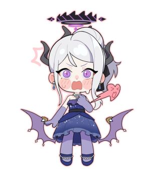 1girl ^^^ black_halo blue_archive blush chibi chibi_only chinese_commentary commentary demon_girl demon_horns demon_wings dress earrings elbow_gloves full_body gloves halo heart hina_(blue_archive) horns jewelry liangcha_jun long_hair looking_at_viewer necklace open_mouth pendant purple_dress purple_eyes purple_gloves solo standing surprised sweat v-shaped_eyebrows white_hair wings