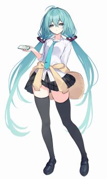 1girl absurdres alternate_costume alternate_hairstyle arm_behind_back black_skirt blue_eyes blue_hair blue_necktie breasts collared_shirt commentary_request diieru expressionless full_body hair_between_eyes hatsune_miku highres holding holding_phone long_hair looking_at_viewer necktie phone plaid_clothes plaid_skirt pleated_skirt shirt skirt small_breasts solo standing thighhighs thighs twintails very_long_hair vocaloid white_shirt